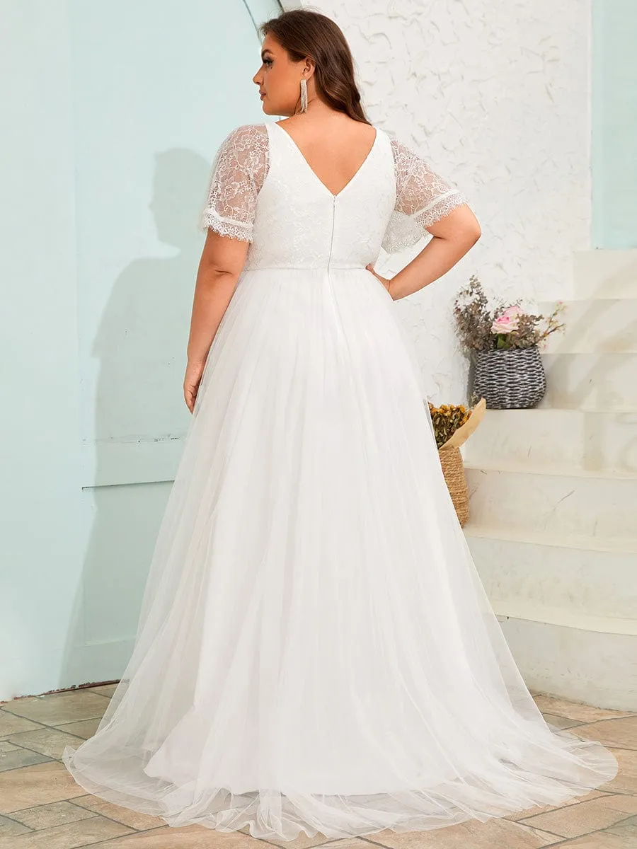 LUSARA'S BRIDE|Dreamy Plus Size V-Neck Lace Short Sleeves Tulle Wedding Dresses sold by Ever Pretty product image thumbnail 2