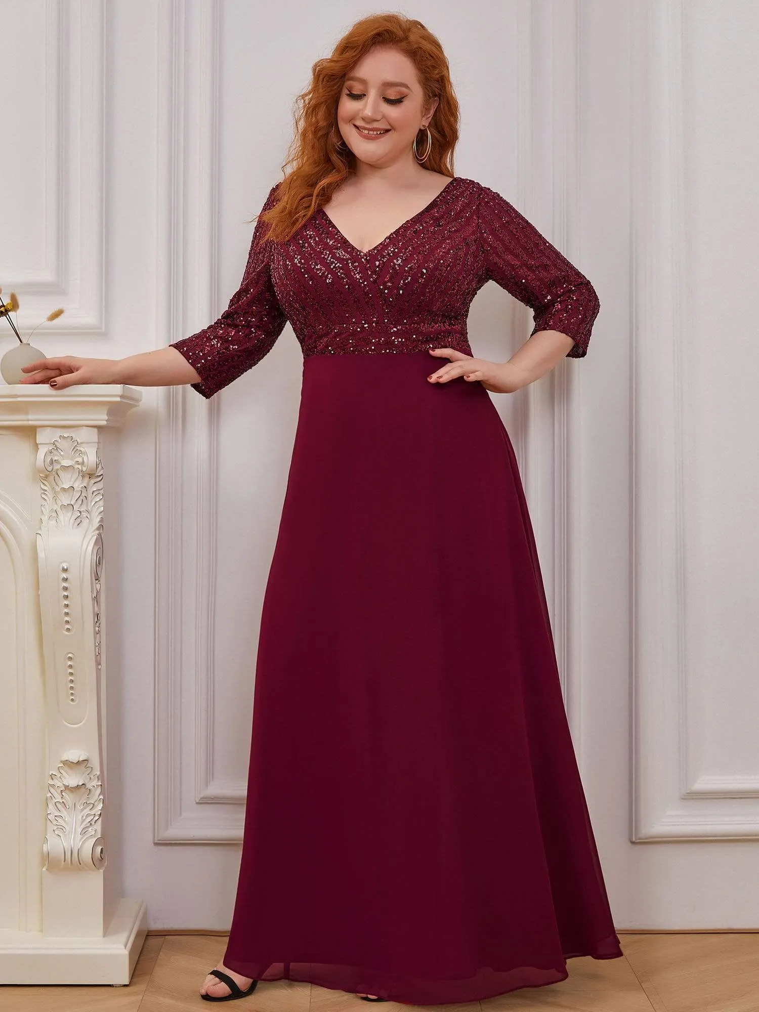 pretty LUENA|Plus Size V Neck A-Line Sequin Formal Evening Dress with Sleeve sold by Ever Pretty product image thumbnail 4
