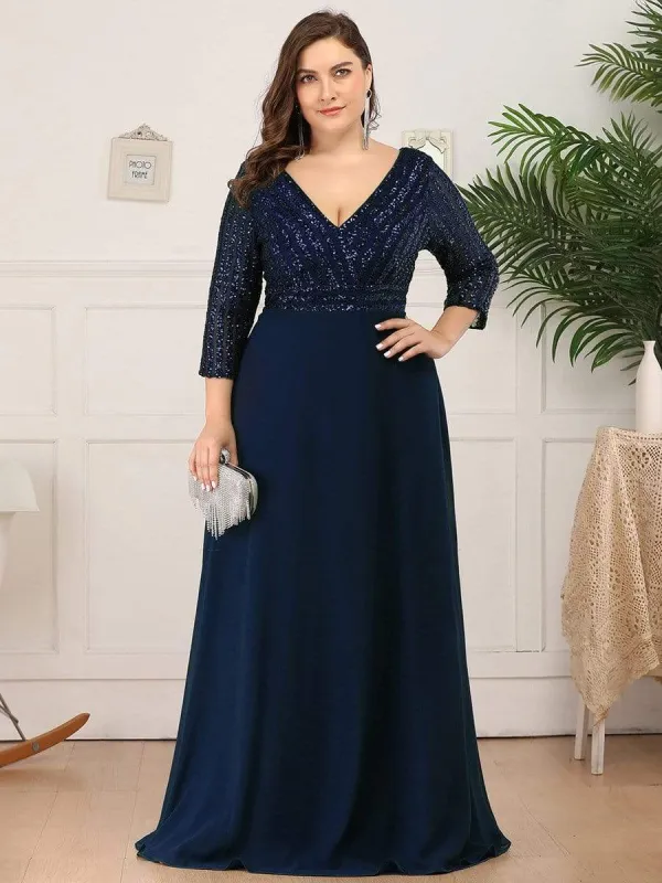 pretty LUENA|Plus Size V Neck A-Line Sequin Formal Evening Dress with Sleeve sold by Ever Pretty