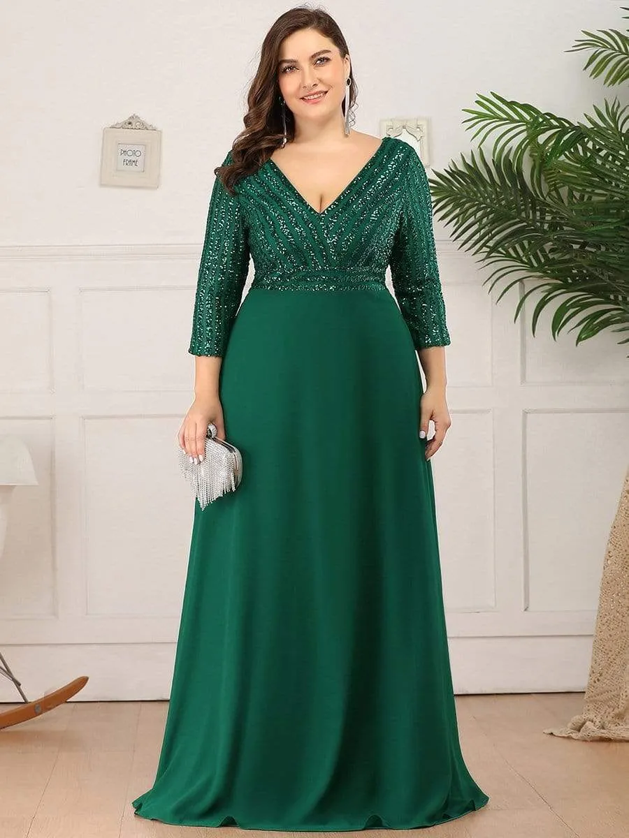 pretty LUENA|Plus Size V Neck A-Line Sequin Formal Evening Dress with Sleeve sold by Ever Pretty product image thumbnail 2