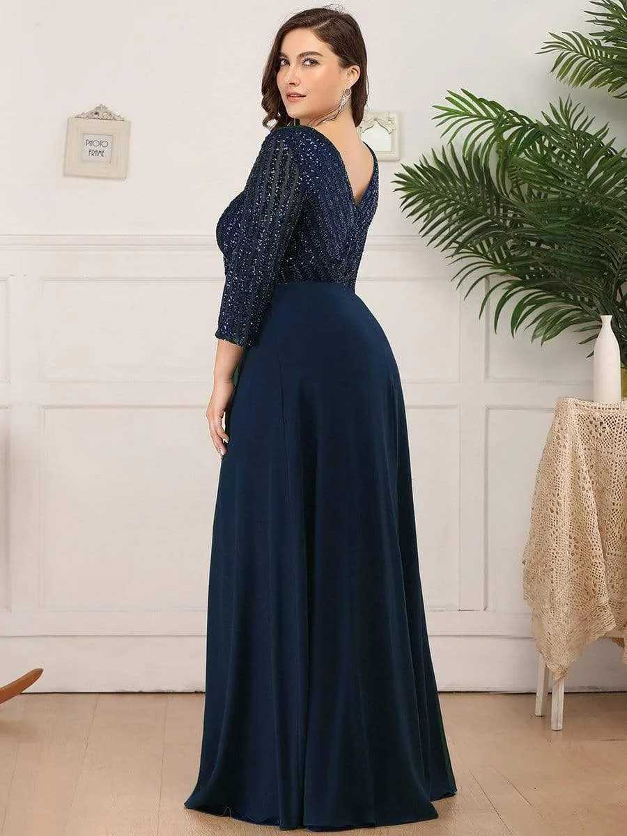 pretty LUENA|Plus Size V Neck A-Line Sequin Formal Evening Dress with Sleeve sold by Ever Pretty product image thumbnail 5
