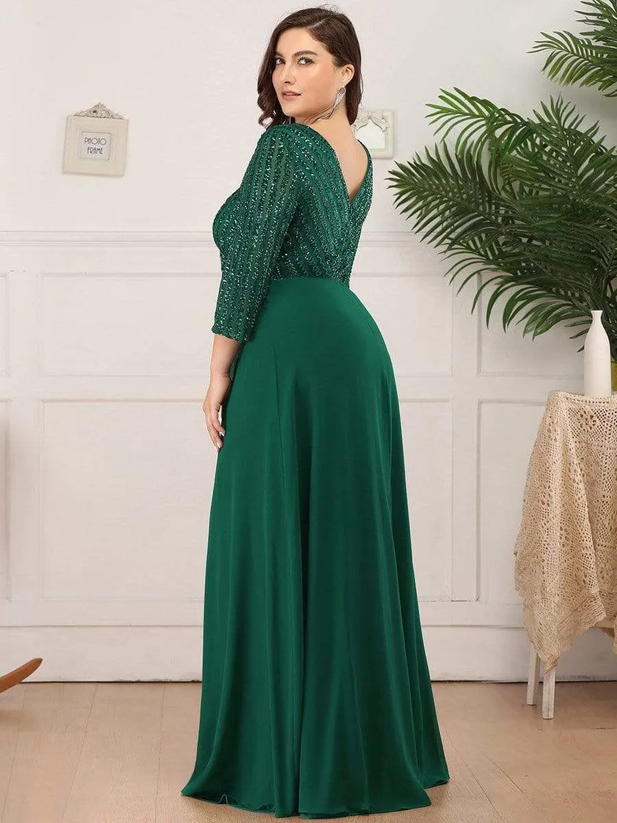 pretty LUENA|Plus Size V Neck A-Line Sequin Formal Evening Dress with Sleeve sold by Ever Pretty product image thumbnail 3