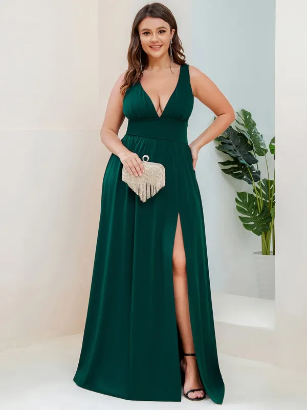 pretty SORAYA|Plus Size Sleeveless V-Neck Empire Waist High Slit Floor-Length Evening Dress sold by Ever Pretty