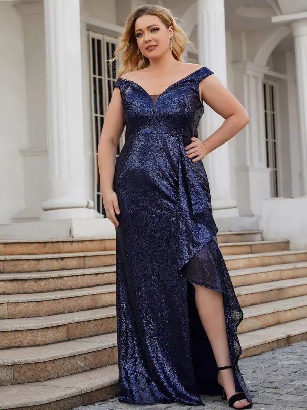 Plus Size Curvy Sequin Sleeveless High Slit Ruffled Evening Dress sold by Ever Pretty