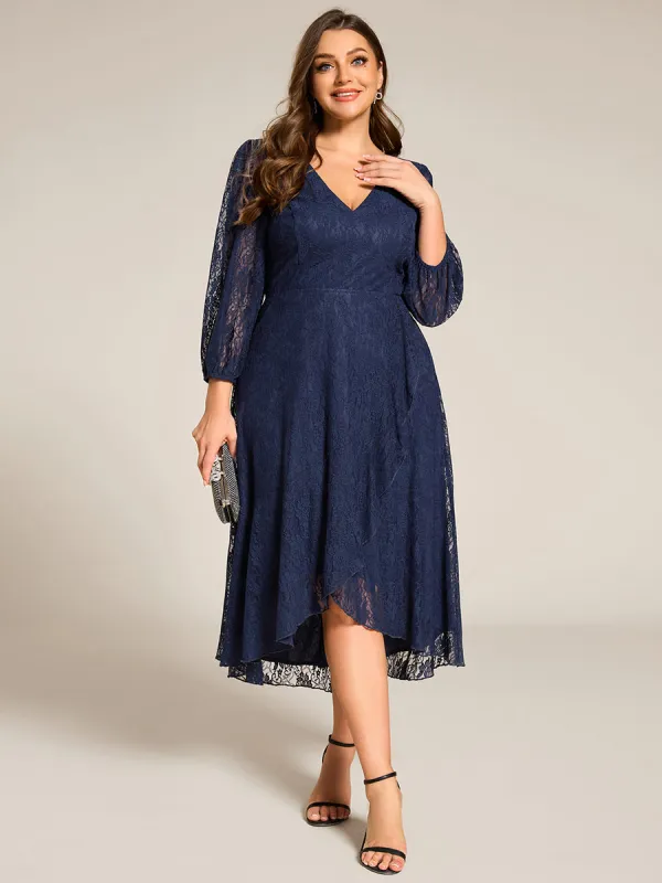 pretty CAMILLE|Plus Size Midi Long Lantern Sleeves V-Neck Lace Wedding Guest Dress made by Ever Pretty