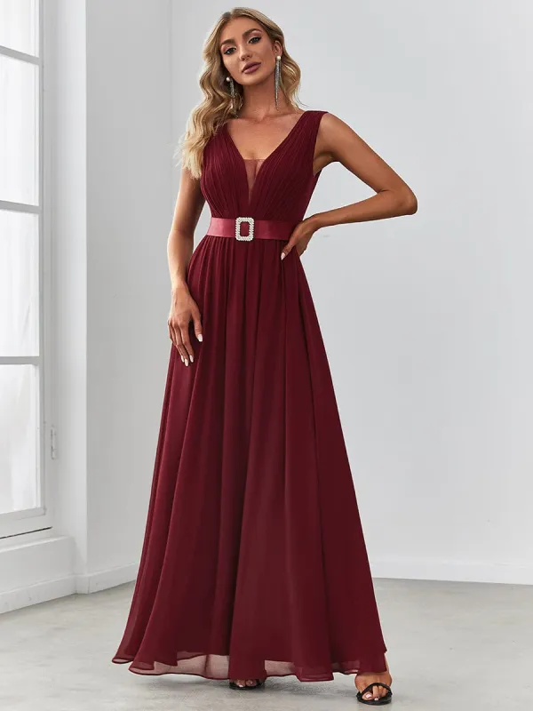 Chiffon Illusion V-Neck Sequin Belt A-Line Evening Dress sold by Ever Pretty
