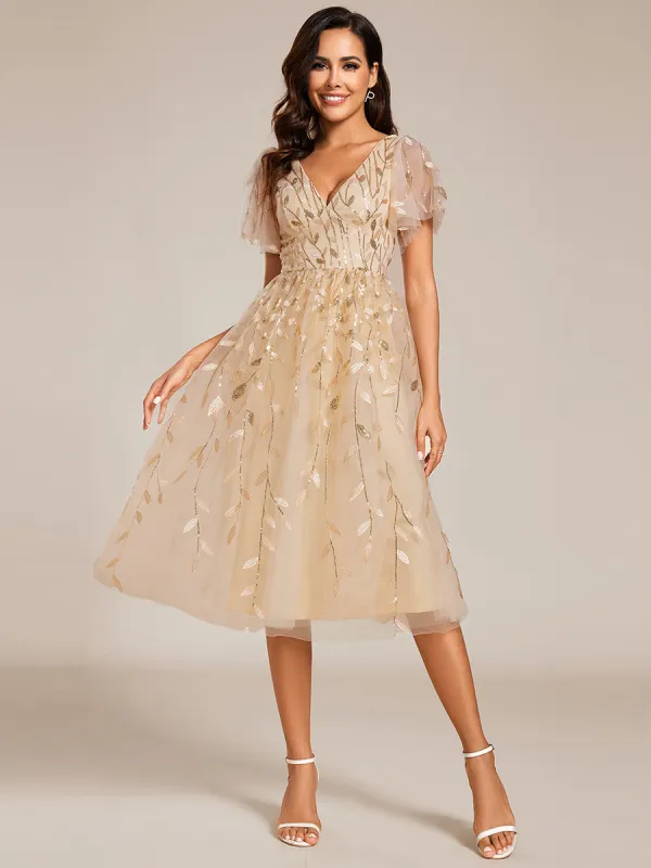 ever SIMONE|Short Sleeves Leaf Sequin A-Line Midi Formal Wedding Guest Dress sold by Ever Pretty