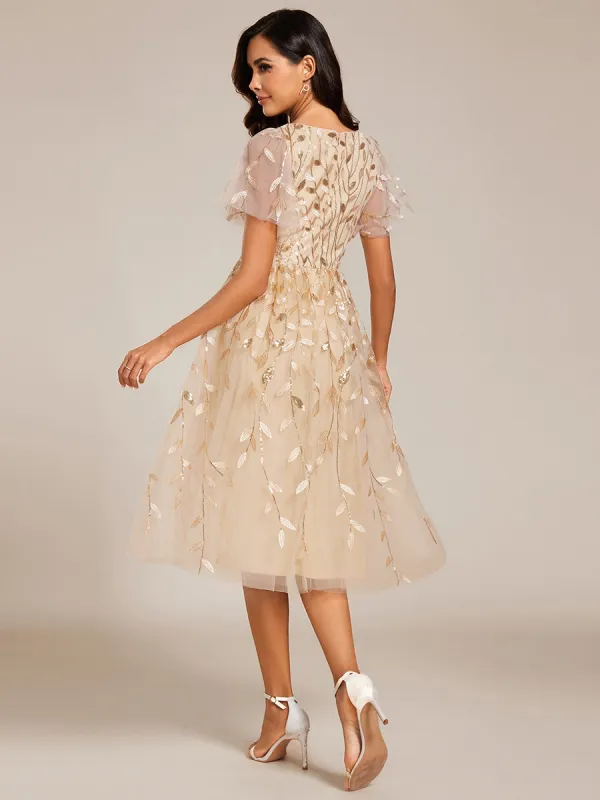 ever SIMONE|Short Sleeves Leaf Sequin A-Line Midi Formal Wedding Guest Dress  | Parallel