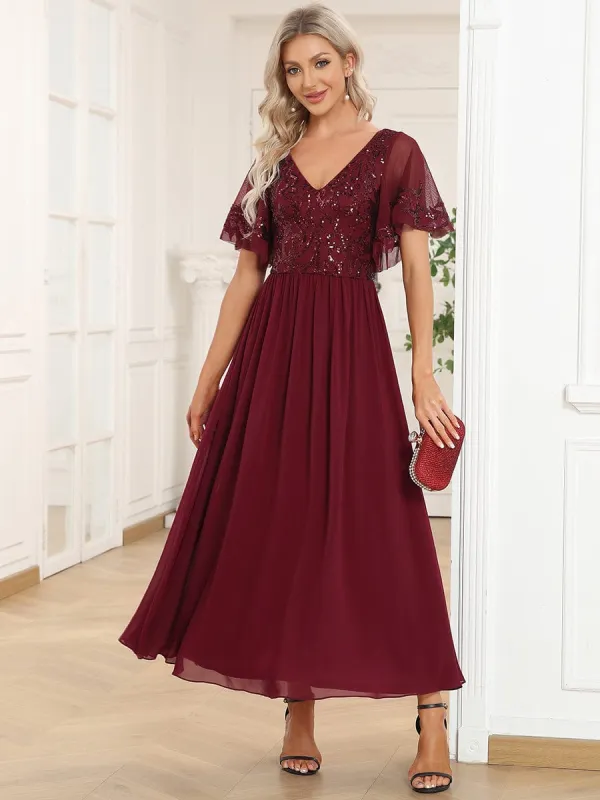 ever HAZEL|Elegant V-Neck Sequin A-Line Short Sleeves Chiffon Midi Formal Dress made by Ever Pretty
