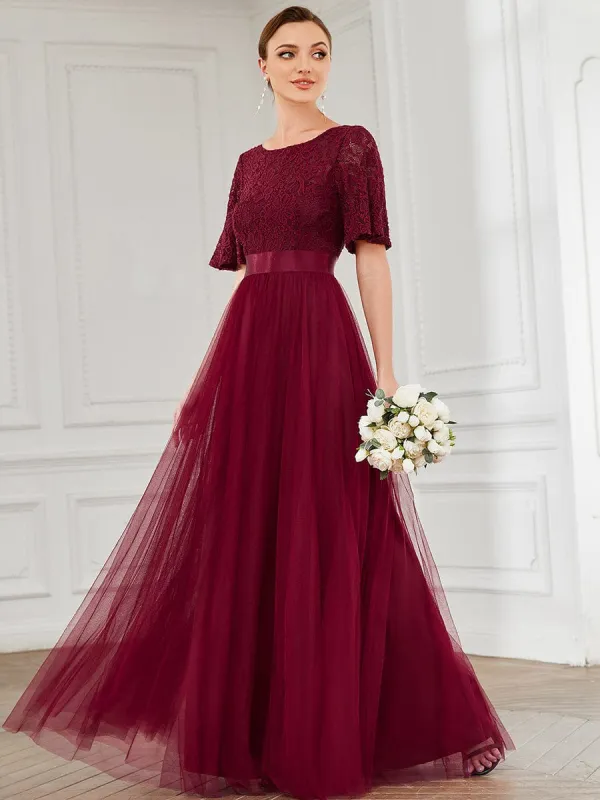 Short Sleeve Backless Ribbon Waist A-Line Tulle Bridesmaid Dress sold by Ever Pretty