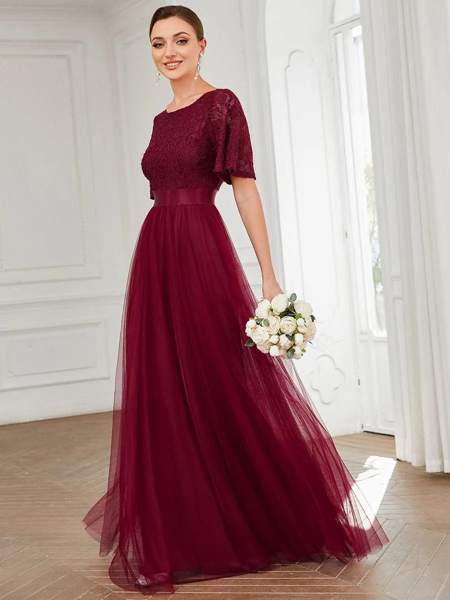 Short Sleeve Backless Ribbon Waist A-Line Tulle Bridesmaid Dress sold by Ever Pretty product image thumbnail 5