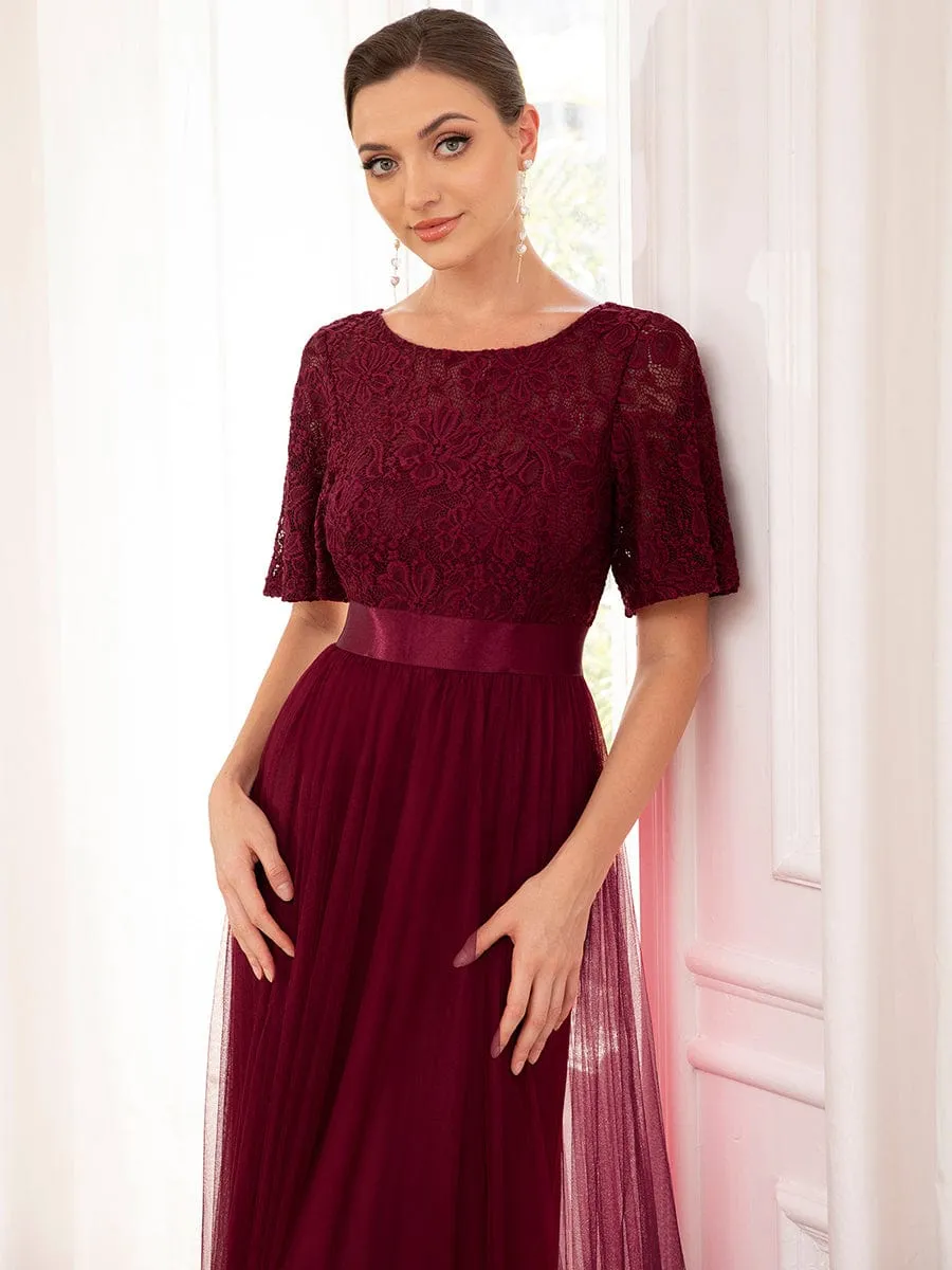 Short Sleeve Backless Ribbon Waist A-Line Tulle Bridesmaid Dress sold by Ever Pretty product image thumbnail 3