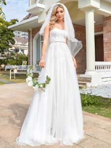 Lace Sweetheart Strapless Tulle Belted A-line Wedding Dress sold by Ever Pretty
