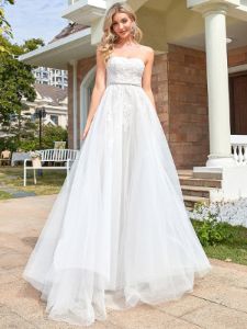 Lace Sweetheart Strapless Tulle Belted A-line Wedding Dress sold by Ever Pretty