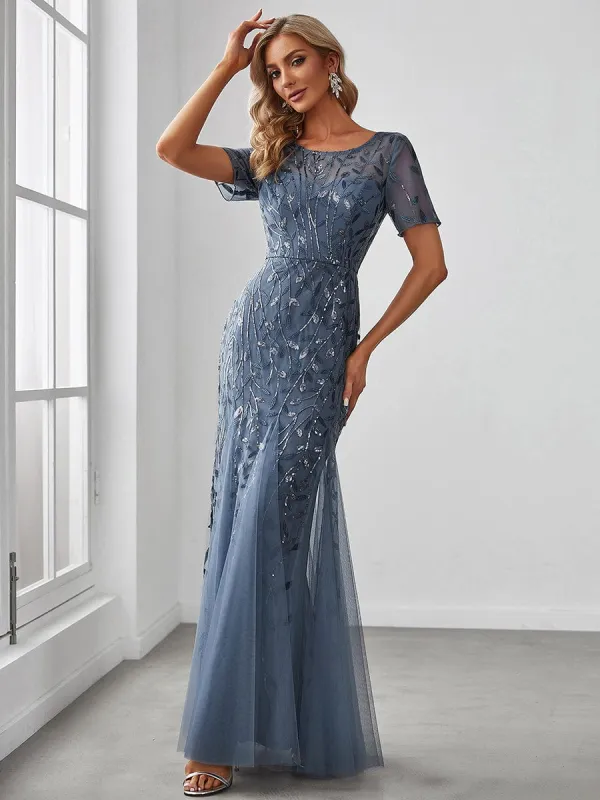 ever JADEN|Floral Sequin Maxi Fishtail Tulle Formal Evening Dress with Short Sleeve sold by Ever Pretty