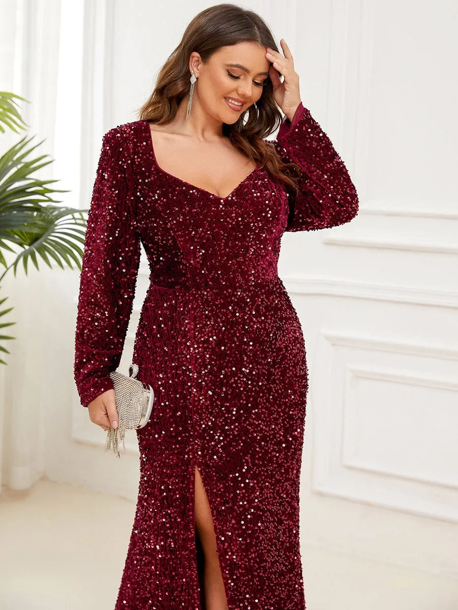 Plus Size Long Sleeve Sequin Front Slit Bodycon Evening Dress sold by Ever Pretty product image thumbnail 5