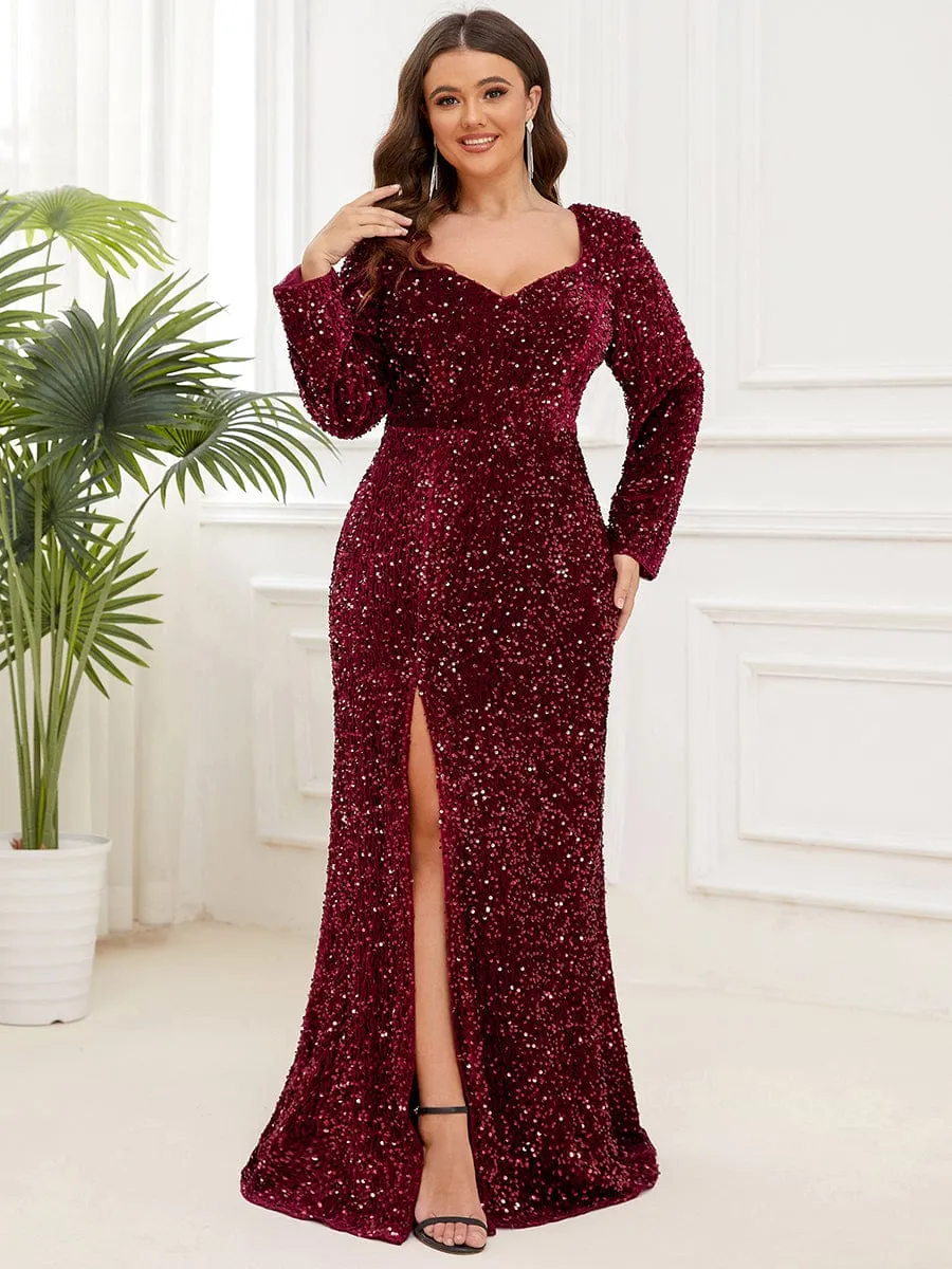 Plus Size Long Sleeve Sequin Front Slit Bodycon Evening Dress sold by Ever Pretty product image thumbnail 3