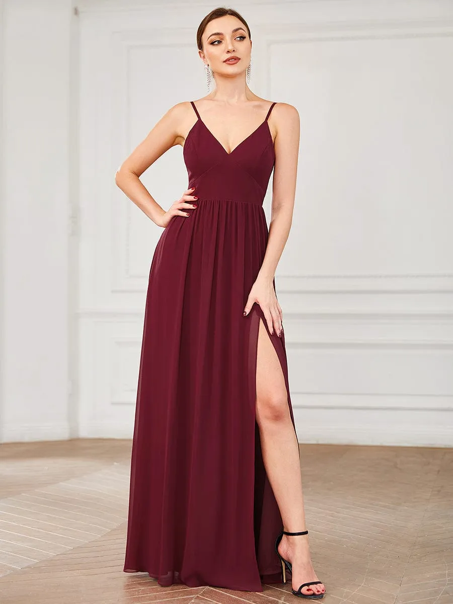 Chiffon Plunging V-Neck Spaghetti Strap Ruched A-Line Front Slit Bridesmaid Dress sold by Ever Pretty