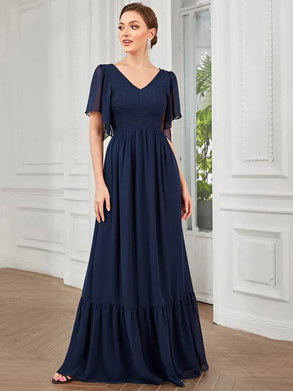 Short Sleeve V-Neck Shirred A-Line Evening Dress sold by Ever Pretty