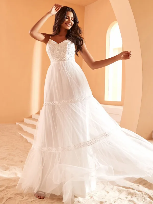 Spaghetti Strap Lace Embroidery A-Line Tulle Romantic Wedding Dress sold by Ever Pretty