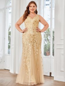 Plus Size Double V-Neck Fishtail Sequin Formal Maxi Evening Dress sold by Ever Pretty