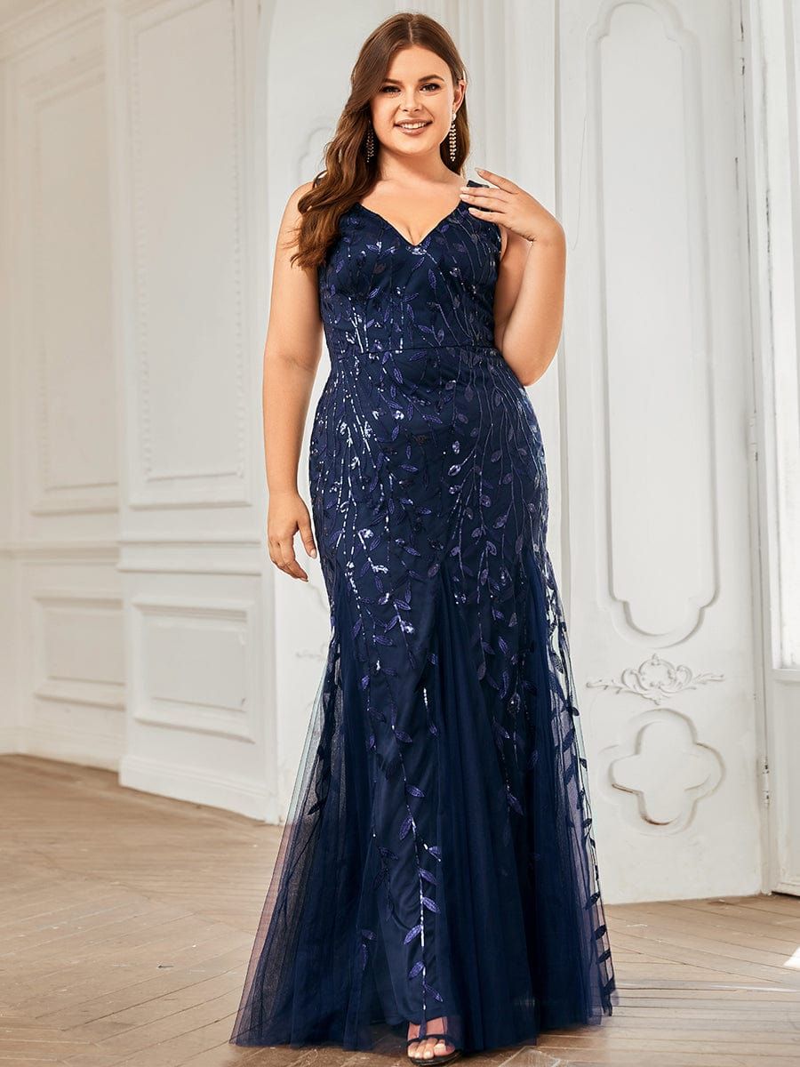 Plus Size Double V-Neck Fishtail Sequin Formal Maxi Evening Dress sold by Ever Pretty