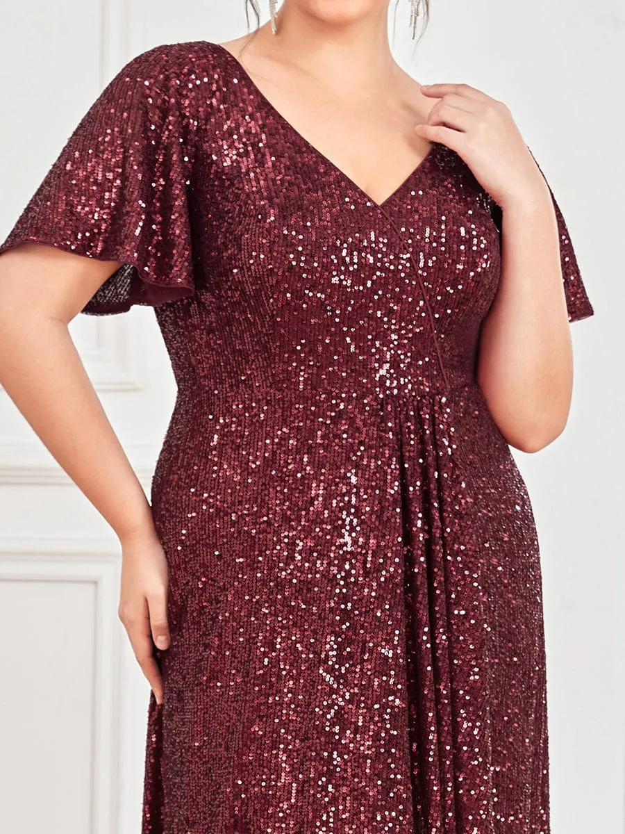 Plus Size Sequin Front Slit V-Neck Short Sleeve Evening Dress sold by Ever Pretty product image thumbnail 3