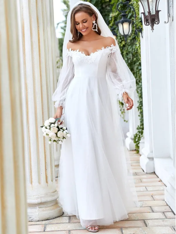 Custom Size Embroidered Lantern Sleeve Off the Shoulder Maxi Wedding Dress sold by Ever Pretty
