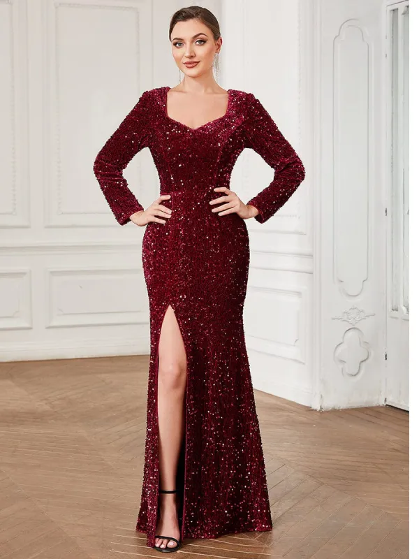Sequin Long Sleeve Sweetheart Bodycon Front Slit Evening Dress sold by Ever Pretty