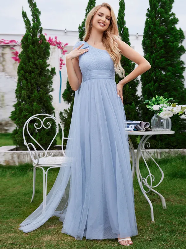 Romantic One Shoulder Bowknot Streamer Tulle A-Line Bridesmaid Dress sold by Ever Pretty