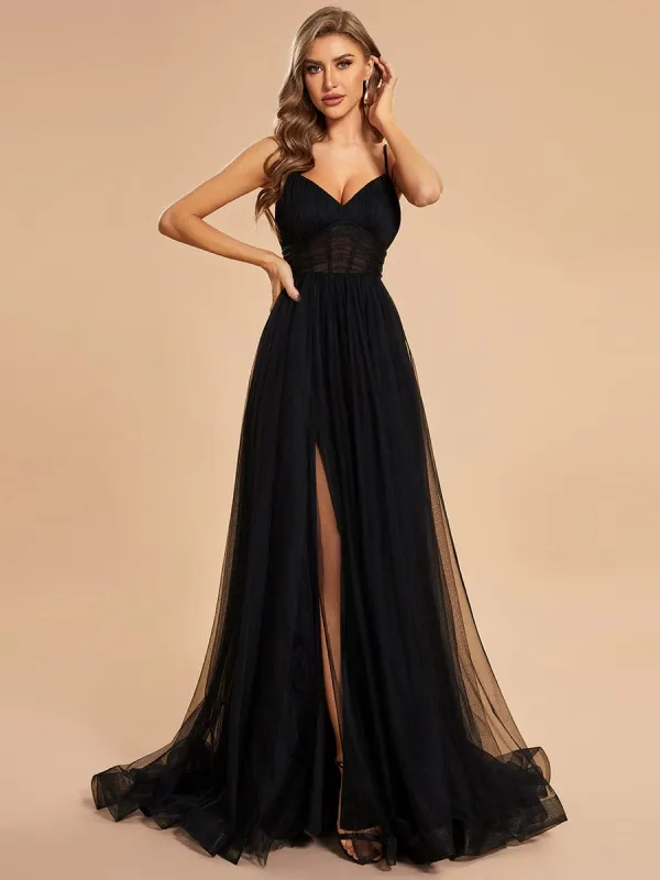 Custom Size Illusion Spaghetti Strap High Slit Tulle Prom Dress with Train made by Ever Pretty