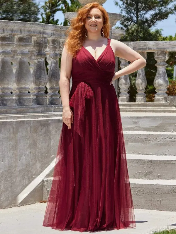 Plus Size Double V Neck Maxi Tulle Bridesmaid Dress sold by Ever Pretty