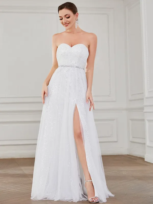 Strapless Sweetheart Lace Corset Back Side Slit Wedding Dress sold by Ever Pretty