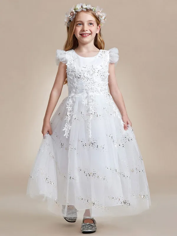 ARISTA|Lace Applique Flutter Sleeves Sparkle Princess Flower Girl Dress sold by Ever Pretty