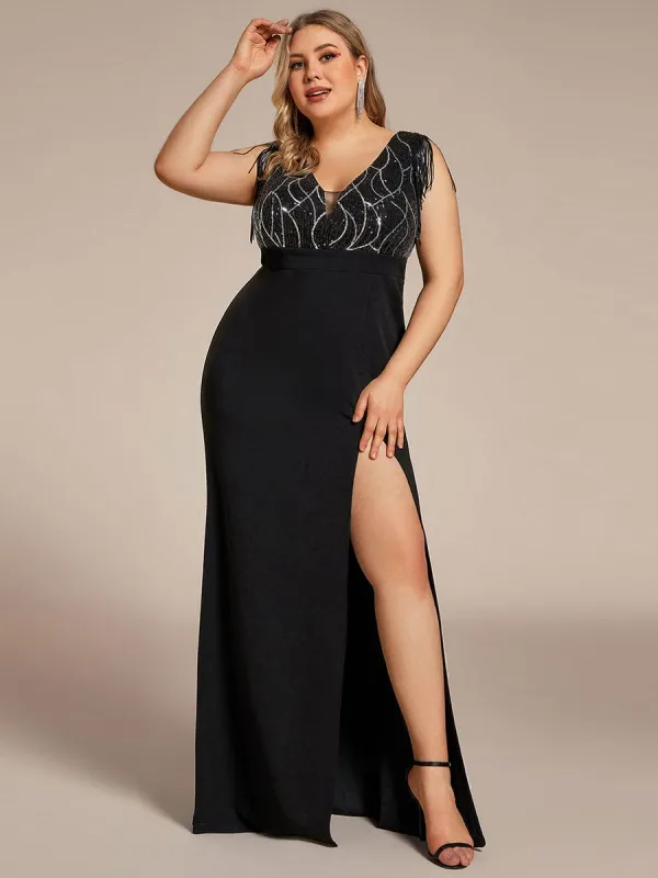 Plus Size V-Neck Front Slit Sleeveless with Tassel Mother of the Bride Dress sold by Ever Pretty