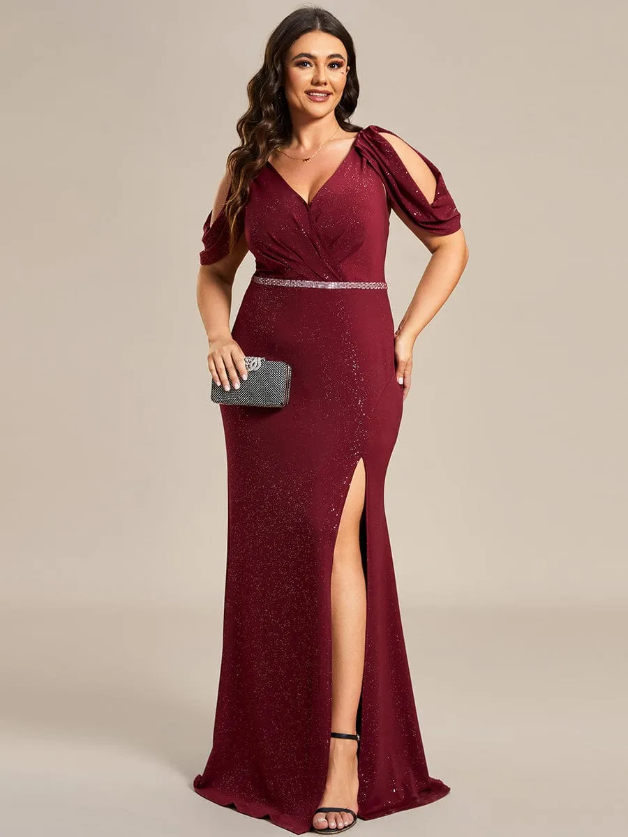 Plus Size Sparkly Glitter Cold Shoulder Shiny Belt Backless Evening Dress sold by Ever Pretty product image thumbnail 3