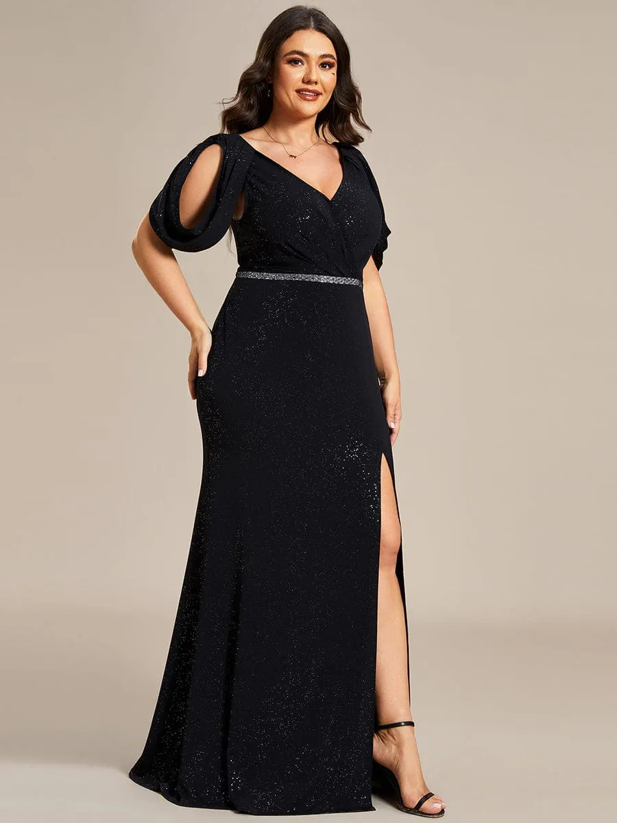 Plus Size Sparkly Glitter Cold Shoulder Shiny Belt Backless Evening Dress sold by Ever Pretty