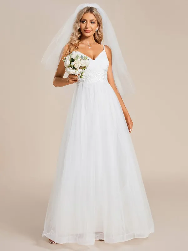 Spaghetti Straps V-Neck Waist Applique A-Line Tulle Wedding Dress sold by Ever Pretty