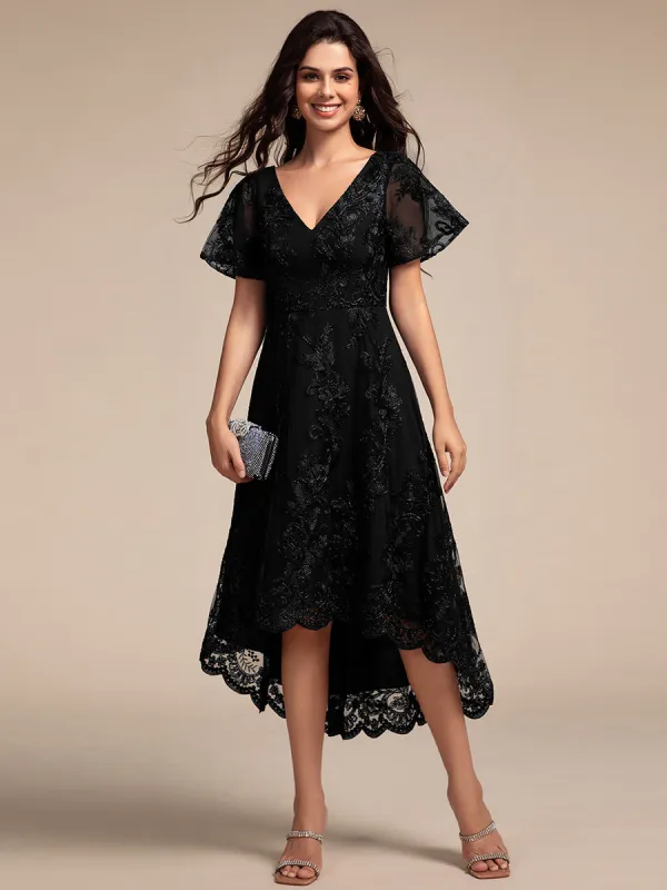 ever TIDAL|Embroidered Mesh Double V-Neck Short Sleeves Midi Wedding Guest Dress sold by Ever Pretty