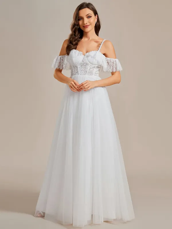 Romantic See-Through Lace Bodice Spaghetti Strap Short Sleeve Tulle Wedding Dress sold by Ever Pretty