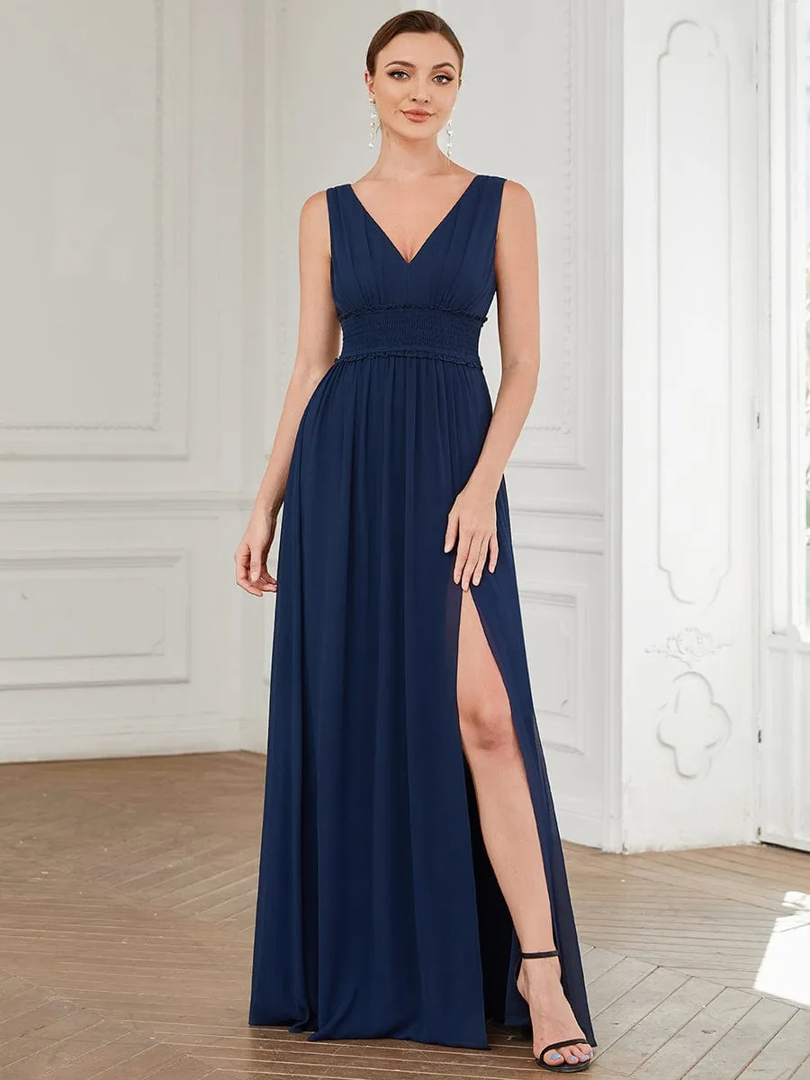 Pleated Chiffon V-Neck Sleeveless Front Slit Bridesmaid Dress sold by Ever Pretty