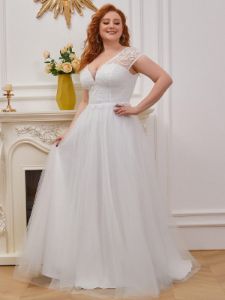 Plus Size Lace Cap Sleeves Casual Applique Outdoor  Wedding Dress sold by Ever Pretty