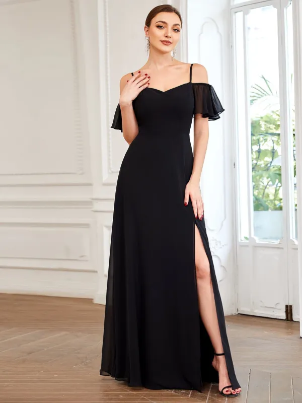 Chiffon Off-The-Shoulder Side Slit Bridesmaid Dress with sleeves sold by Ever Pretty