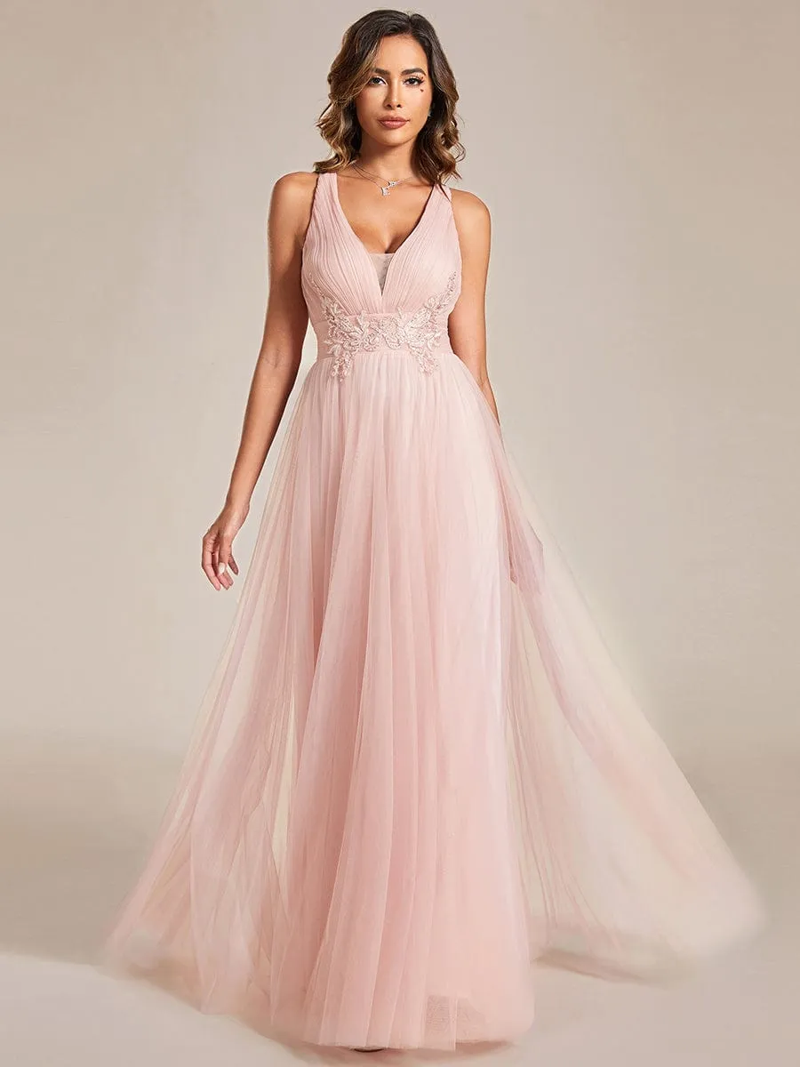 Sleeveless Waist Applique Cross-Back Straps Tulle Bridesmaid Dress sold by Ever Pretty