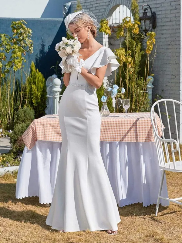 Plain Maxi Fishtail Corset Elopement Wedding Dress with Ruffle Sleeves sold by Ever Pretty