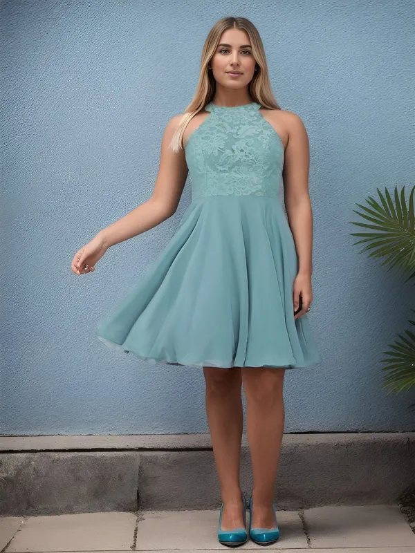 Plus Size Short Lace Halter Neck Backless Chiffon Homecoming Dress sold by Ever Pretty