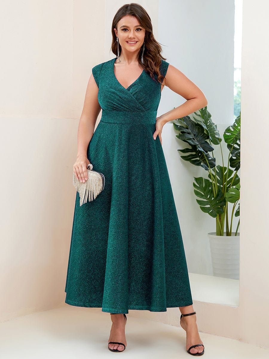 Plus Size Pleated A-Line Cap Sleeve V-Neck Evening Dress sold by Ever Pretty