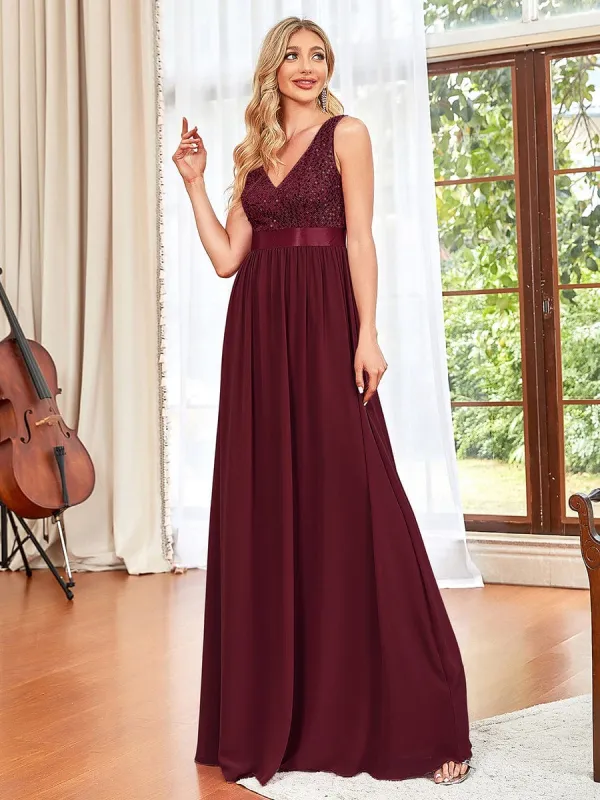 Sequin Sleeveless Plunging V-Neck Ribbon Waist Chiffon A-Line Evening Dress sold by Ever Pretty