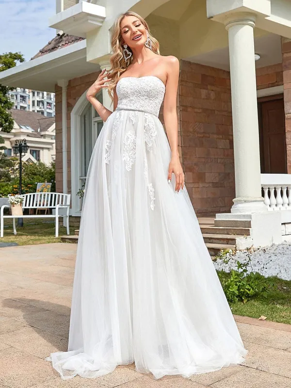 Lace Sweetheart Strapless Tulle Belted A-line Wedding Dress sold by Ever Pretty