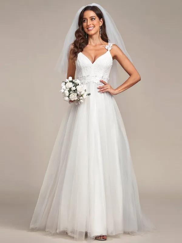 Double V Neck Lace Bodice Open Back Tulle Wedding Dress sold by Ever Pretty